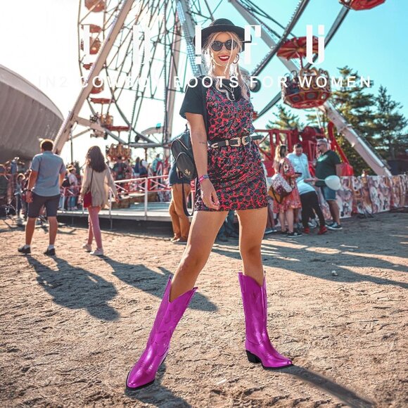 Women Hot Pink Manmade Material Mid Calf Embroidered Low Heel Pointed Toe Boots - Picture 2 of 6